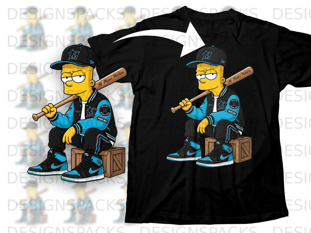 Bart Simpson graphic on black t-shirt wearing Miami Marlins cap, jacket, and holding a baseball bat.