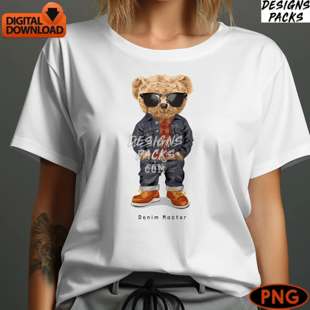 Cool Bear In Sunglasses And Denim Jacket Digital Art Png Instant Download Trendy Animal Graphic