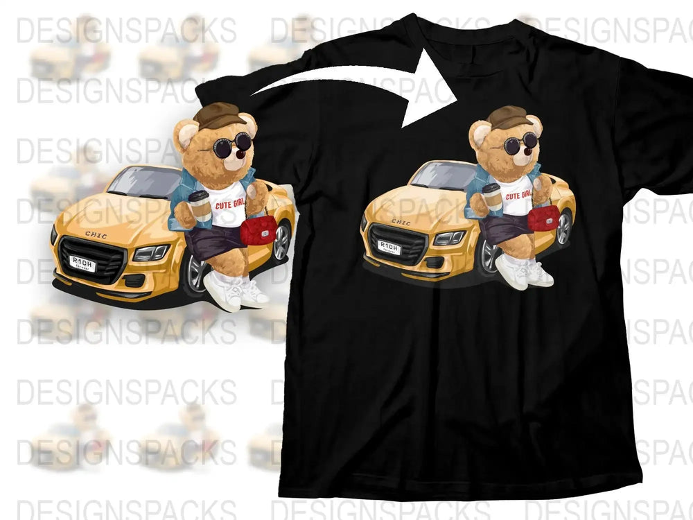 Cool Bear with Coffee by Yellow Car Png Digital Download
