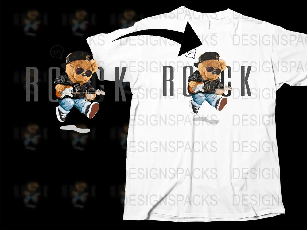 Cool Bear with Guitar and Rock Text Graphic Png Digital Download