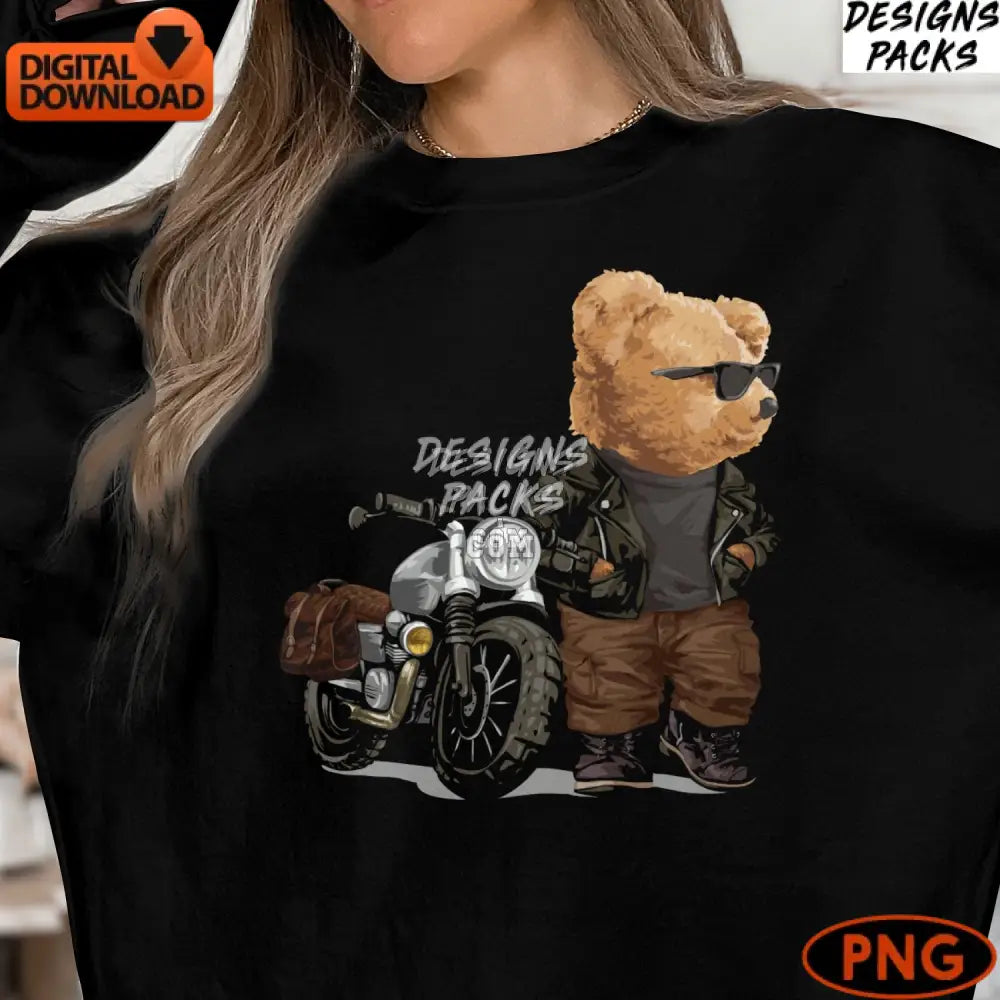 Cool Biker Bear Clipart Motorcycle Teddy Png Digital Download For T-Shirts And Mugs Hipster