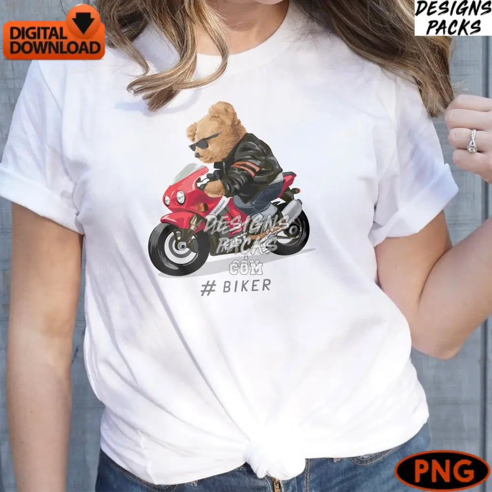 Cool Biker Teddy Bear On Motorcycle Instant Download Png Digital Art For T-Shirts