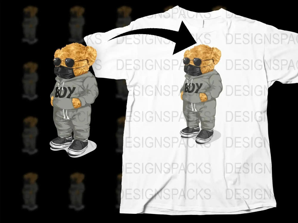 Cool Boy Teddy in Hoodie with Sunglasses Png Digital Download