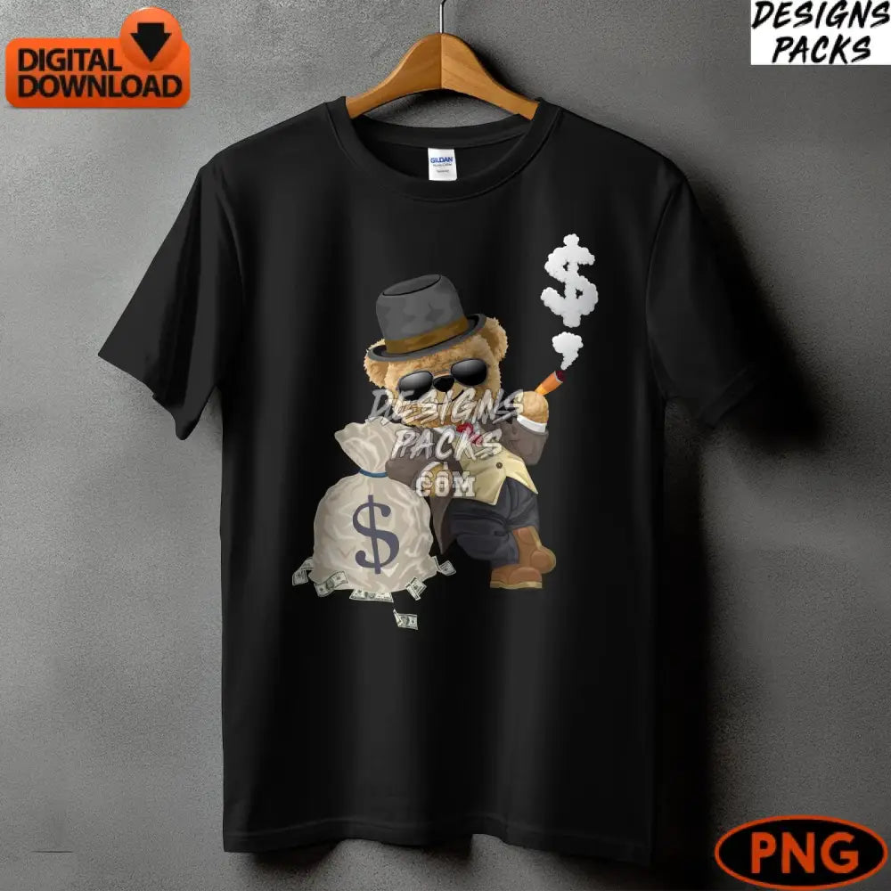 Cool Rich Teddy Bear Digital Art Gangster With Money Bag Classy Png Instant Download