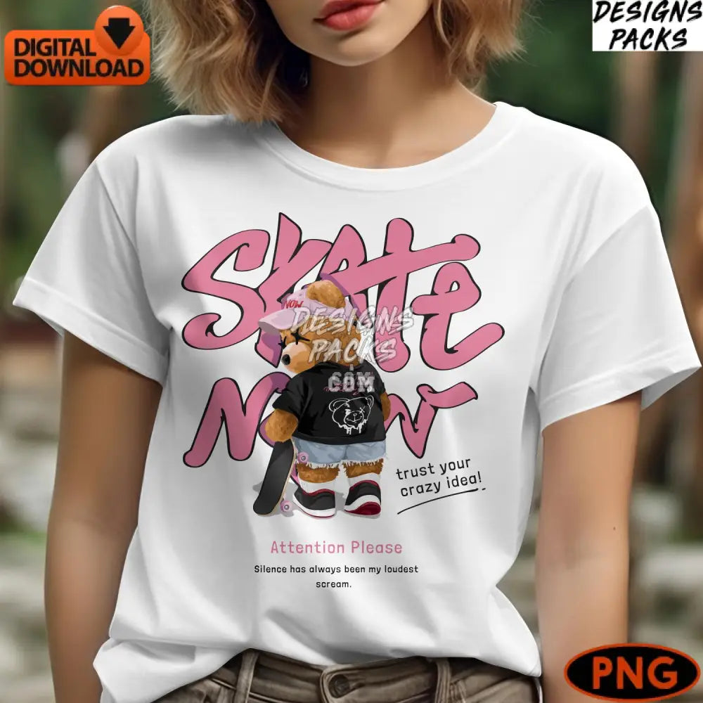 Cool Skateboarding Teddy Bear Digital Art Instant Download Street Style Graphic Png