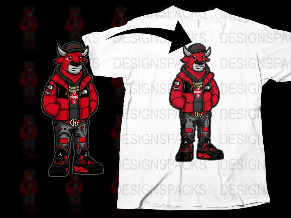 Cool Stylish Red Bull Character with Streetwear Png Digital Download