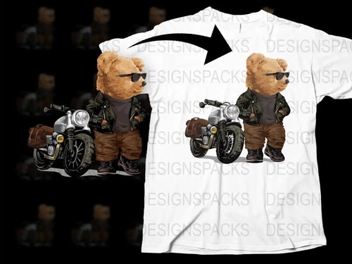 Cool Teddy Bear Biker with Motorcycle Print Png Digital Download