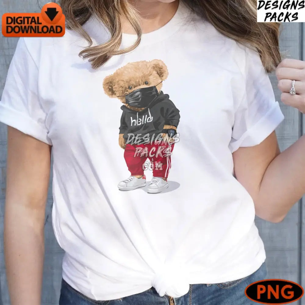 Cool Teddy Bear Digital Art Street Style With Mask Urban Fashion Png Instant Download
