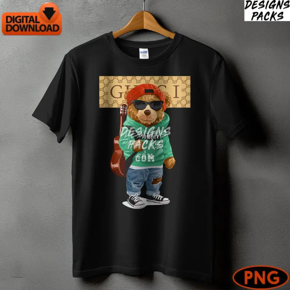Cool Teddy Bear Fashion Illustration Hipster With Guitar Trendy Animal Png Instant Download Digital