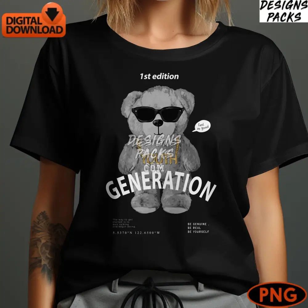 Cool Teddy Bear Graphic T-Shirt Design Youth Generation 1St Edition Urban Style Digital Png