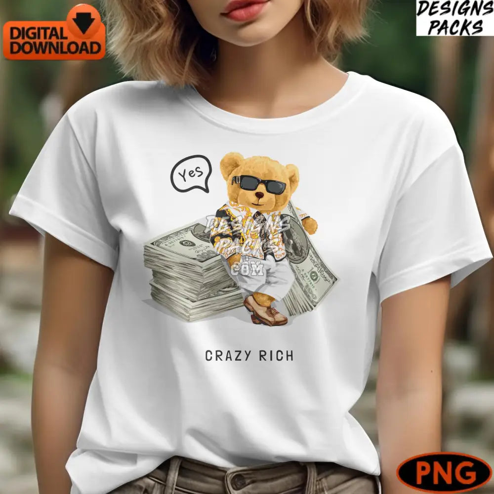 Cool Teddy Bear With Cash Digital Art Print Fashionable Money Illustration Png Instant Download