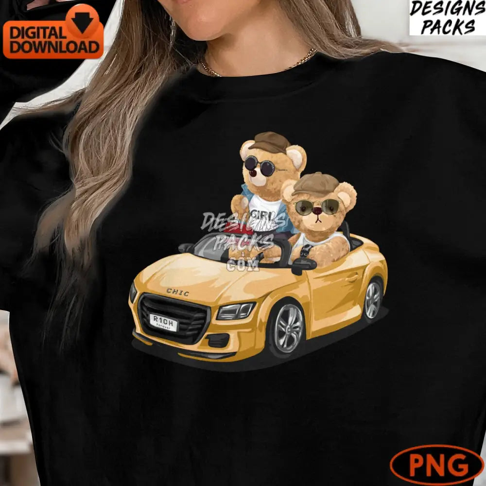 Cool Teddy Bears In Car Digital Art Hipster Sunglasses Driving Cute Animal Illustration Instant
