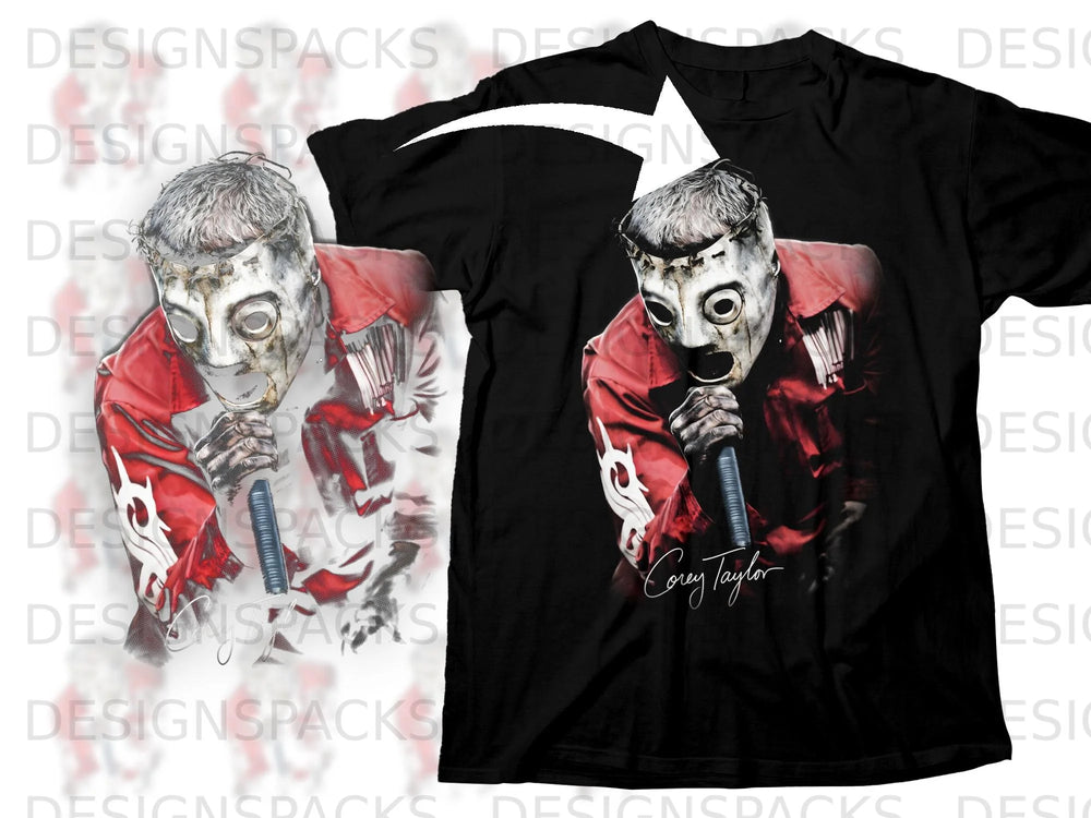 Black t-shirt featuring Corey Taylor in a mask, holding a microphone.