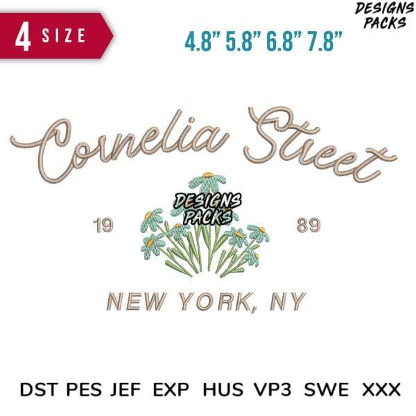 Cornelia Street NYC embroidery design with daisies, 4 sizes, DST PES JEF formats