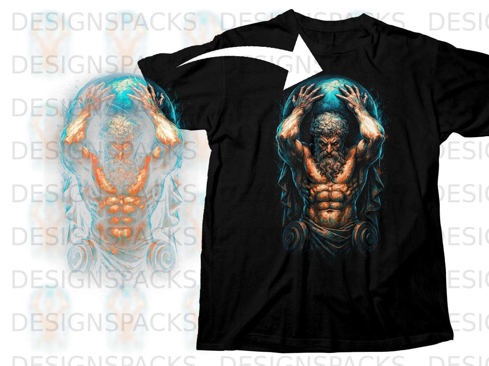 Black t-shirt featuring Atlas holding a blue globe with a white arrow pointing to the design.