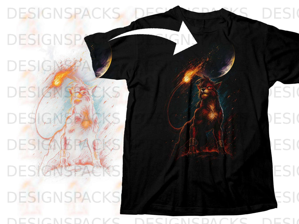 Black t-shirt with a fiery lion-like creature and a celestial body design.