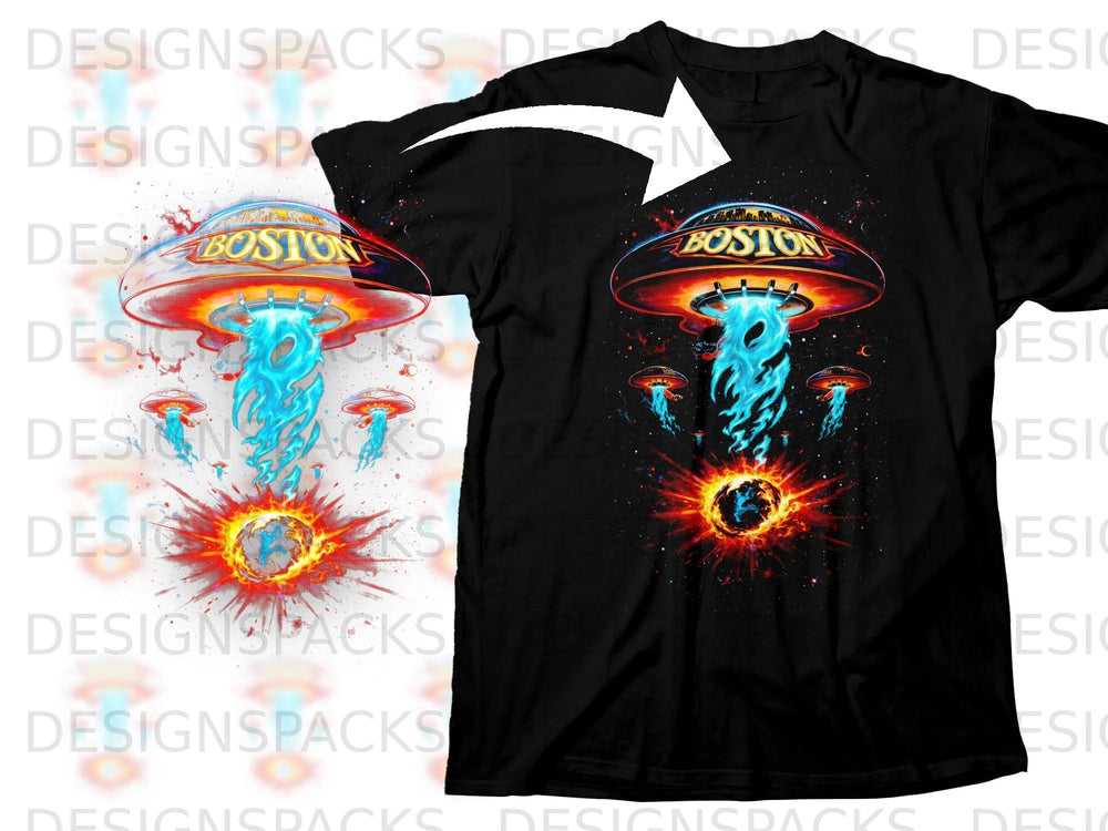 Black t-shirt with Boston spaceship graphic beaming light onto an exploding Earth.
