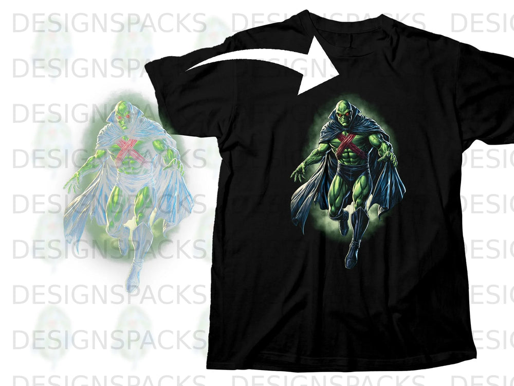 Black t-shirt with a full-color graphic of Martian Manhunter in mid-run.