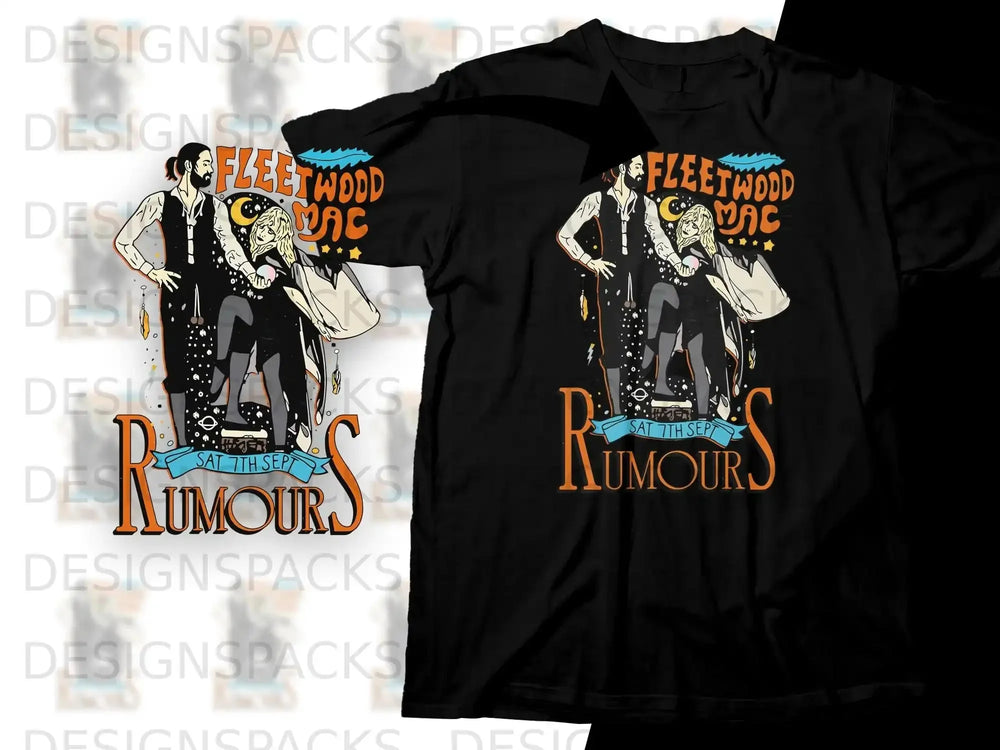 Fleetwood Mac Rumours t-shirt design with band illustration and date.