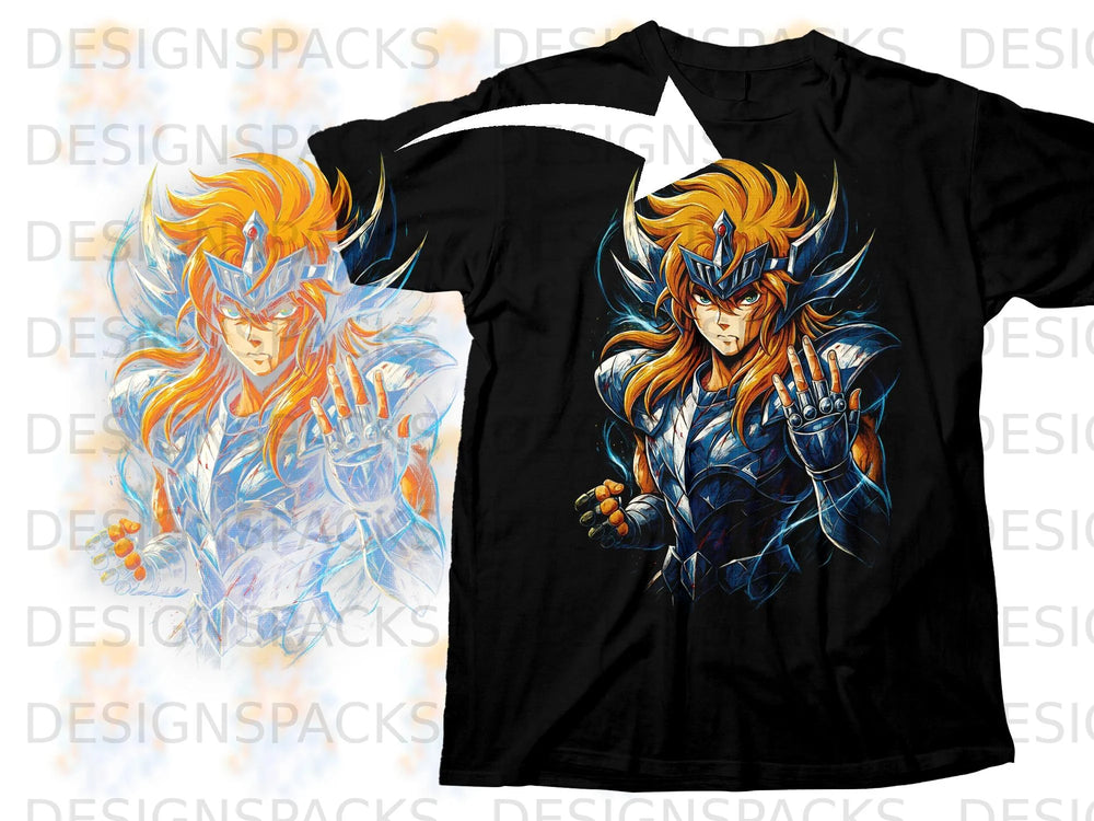 Black t-shirt with Aiolos from Saint Seiya anime character graphic.