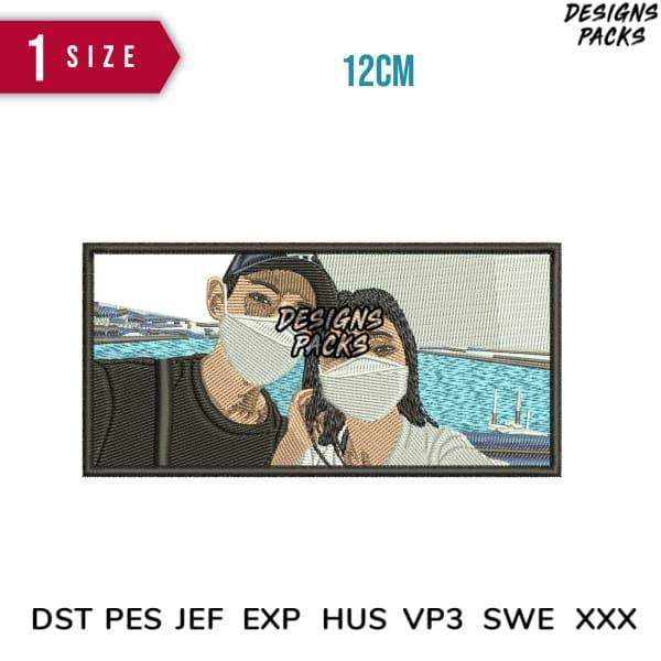 Embroidery design of couple wearing masks by water, 12cm, PES DST formats, print-ready