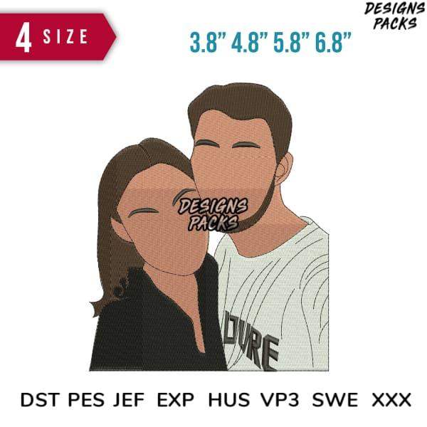 Couple embroidery design in 4 sizes, DST PES JEF formats for DTG & DTF printing