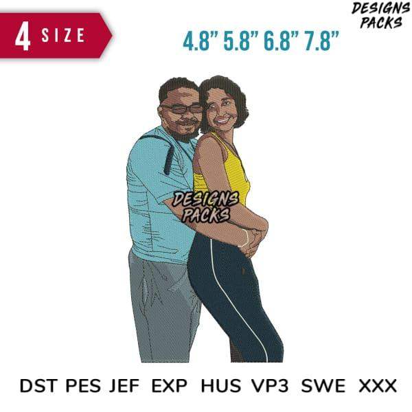 Couple hug embroidery design in 4 sizes, DST PES JEF formats, print-ready for DTG/DTF