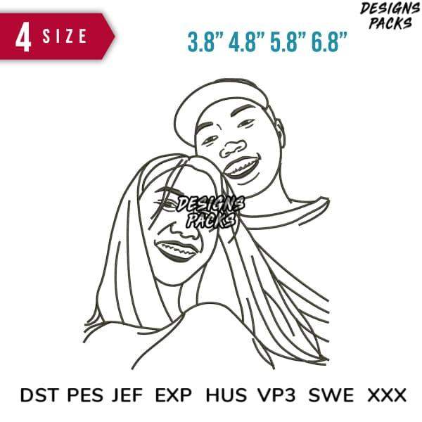 Line art couple design for embroidery, available in DST PES formats, 4 sizes for print-ready use
