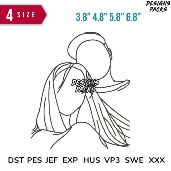 Embroidery design of a woman with long hair, available in multiple sizes and formats like DST, PES, JEF.