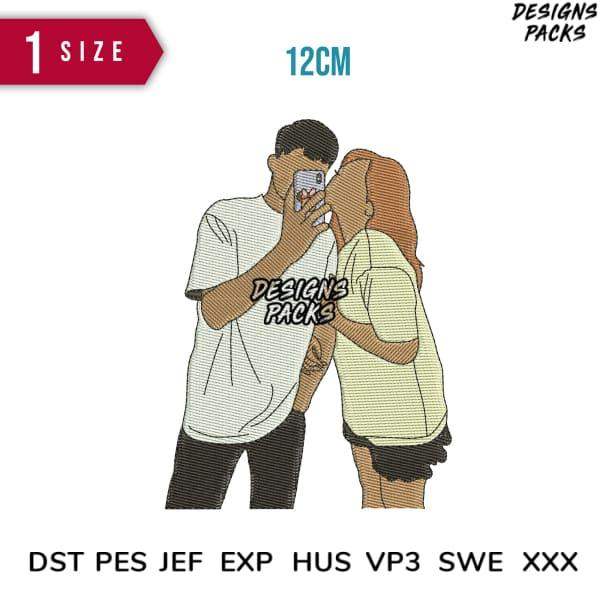 Couple taking selfie embroidery design, 12cm, DST PES JEF formats, print-ready for DTG/DTF