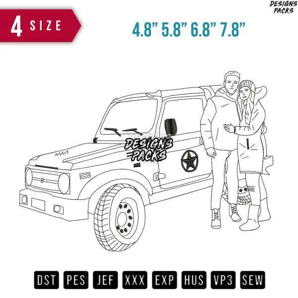 Couple Side JEEP car line Art Embroidery Design