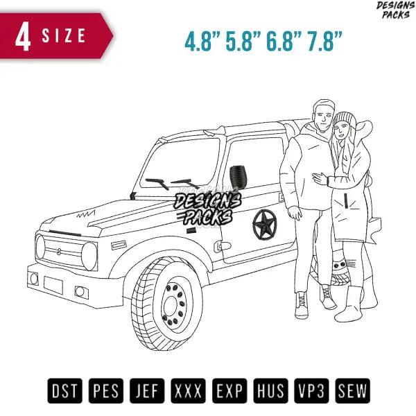 Couple Side JEEP car line Art Embroidery Design