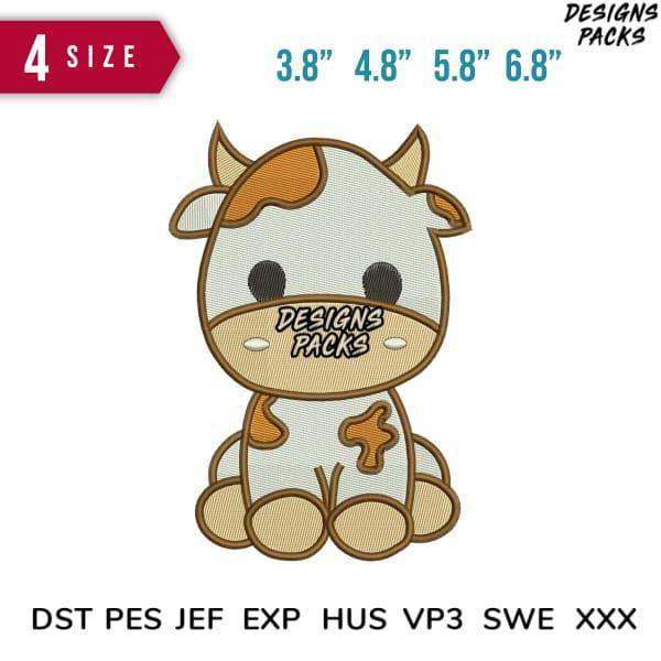 Cute cow embroidery design in 4 sizes, print-ready formats for DTF, DTG, and tumbler wraps