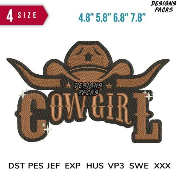 Cowgirl embroidery design with cowboy hat, available in multiple sizes and formats like PES, DST, JEF