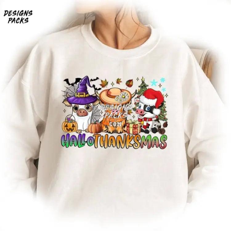 Cow Happy Hallothanksmas Coffee Christmas Halloween Thanksgiving Png Design