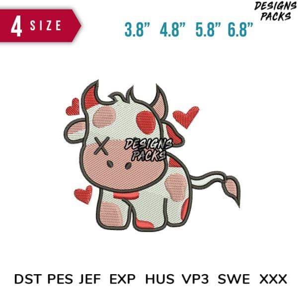 Cute cow embroidery design with hearts, available in 4 sizes & multiple file formats for instant download