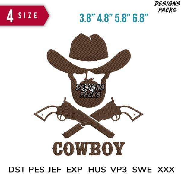 Cowboy hat & crossed guns embroidery design in 4 sizes, DST PES JEF formats for instant download