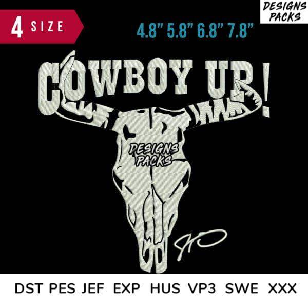 Cowboy Up! bull skull design in 4 sizes, DTF/DTG & embroidery formats for instant download