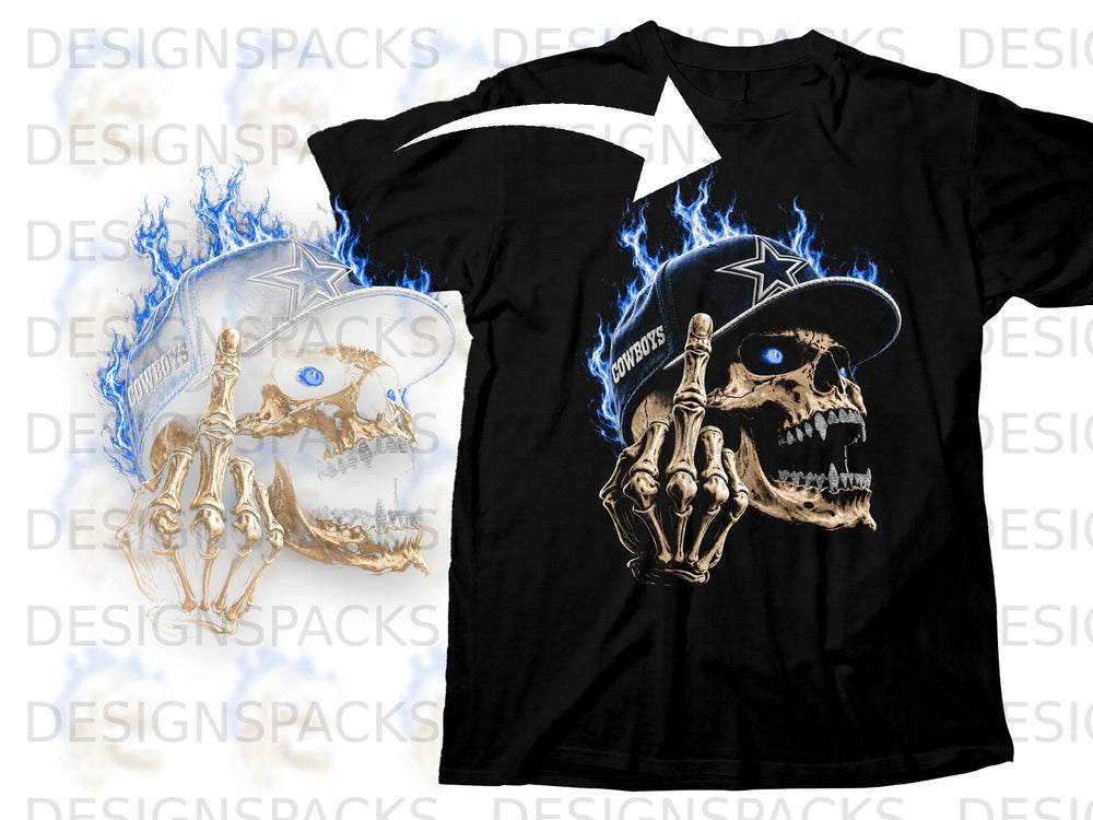 Black t-shirt with a skeleton wearing a Cowboys hat on fire.
