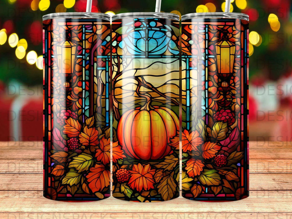 Cozy Fall Pumpkin Stained Glass Tumbler Digital Wrap Design
