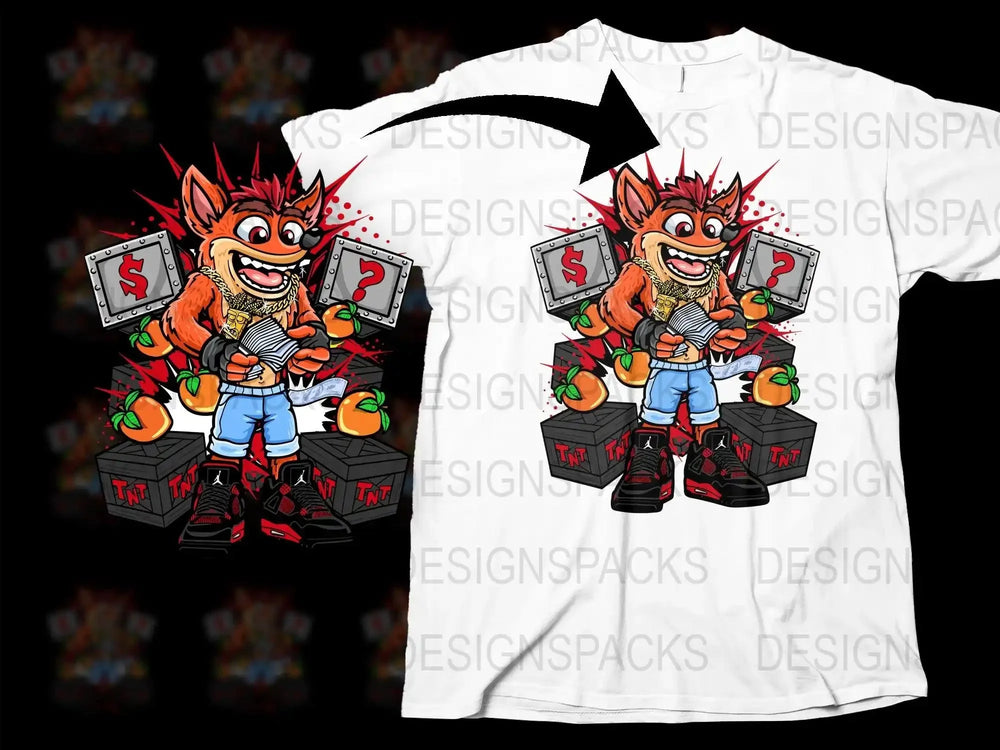 Crash Bandicoot Holding Money and Peaches Art Png Digital Download