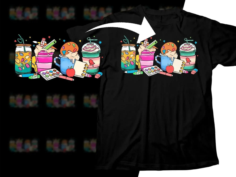 Colorful school-themed drink design on black t-shirt, perfect for DTF/DTG printing with instant PNG download.