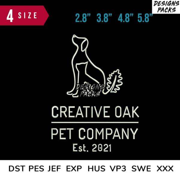 Creative Oak Pet Company logo design with dog silhouette, 4 sizes, embroidery formats DST PES JEF EXP