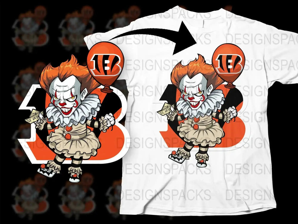 Creepy Clown Artwork with Cincinnati Bengals Logo Png Digital Download