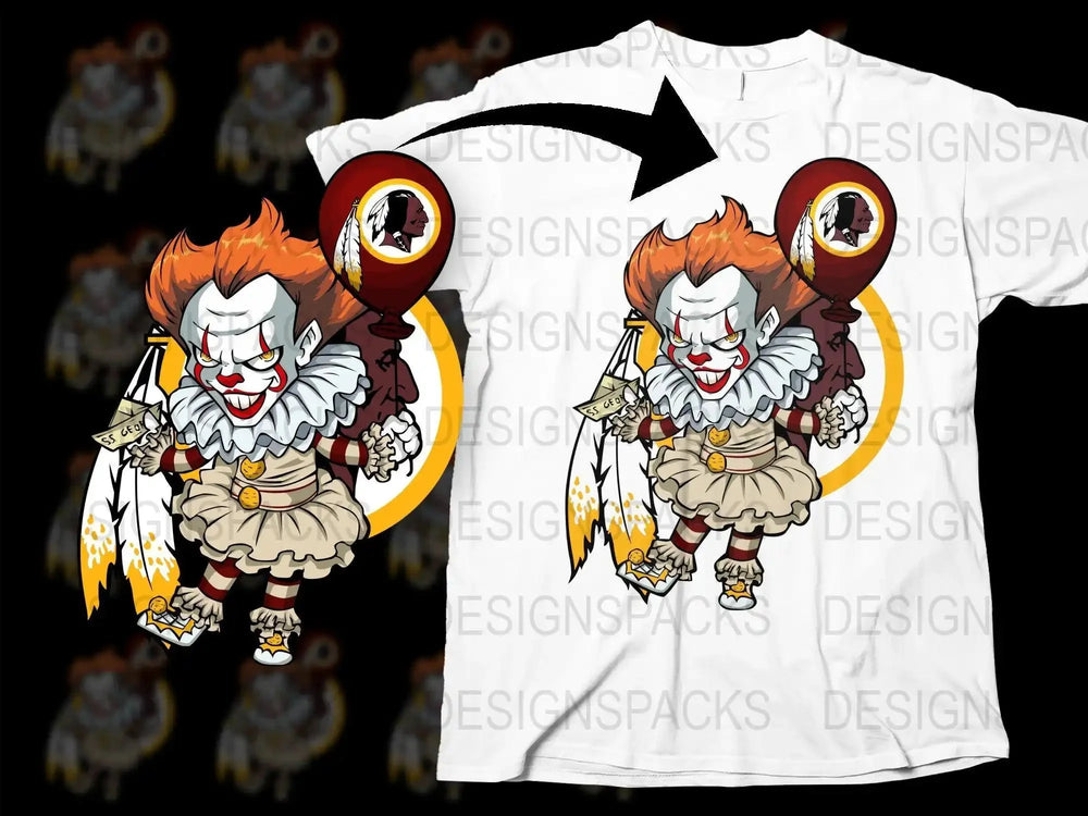 Creepy Clown Holding Balloon NFL Washington Png Digital Download
