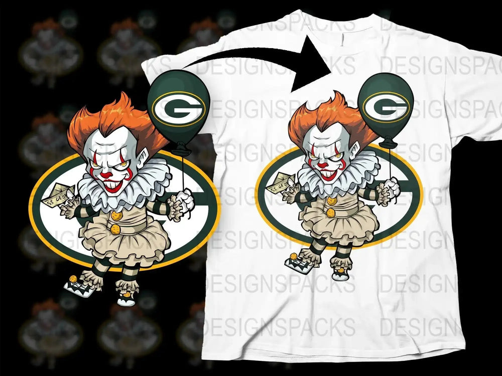 Creepy Clown Holding Green Bay Packers Balloon Png Digital Download