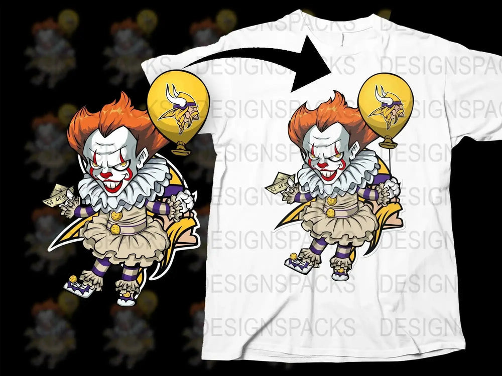 Creepy Clown with Balloon and Vikings Logo Png Digital Download
