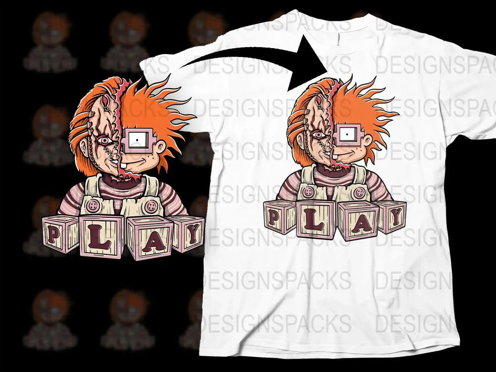 Creepy Split Face Doll Playing Blocks Graphic Png Digital Download