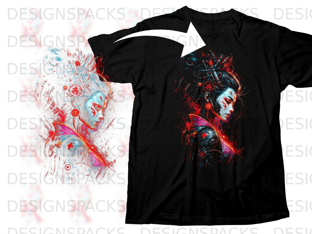 Black t-shirt with a graphic of a cybernetic geisha in red, blue, and white.