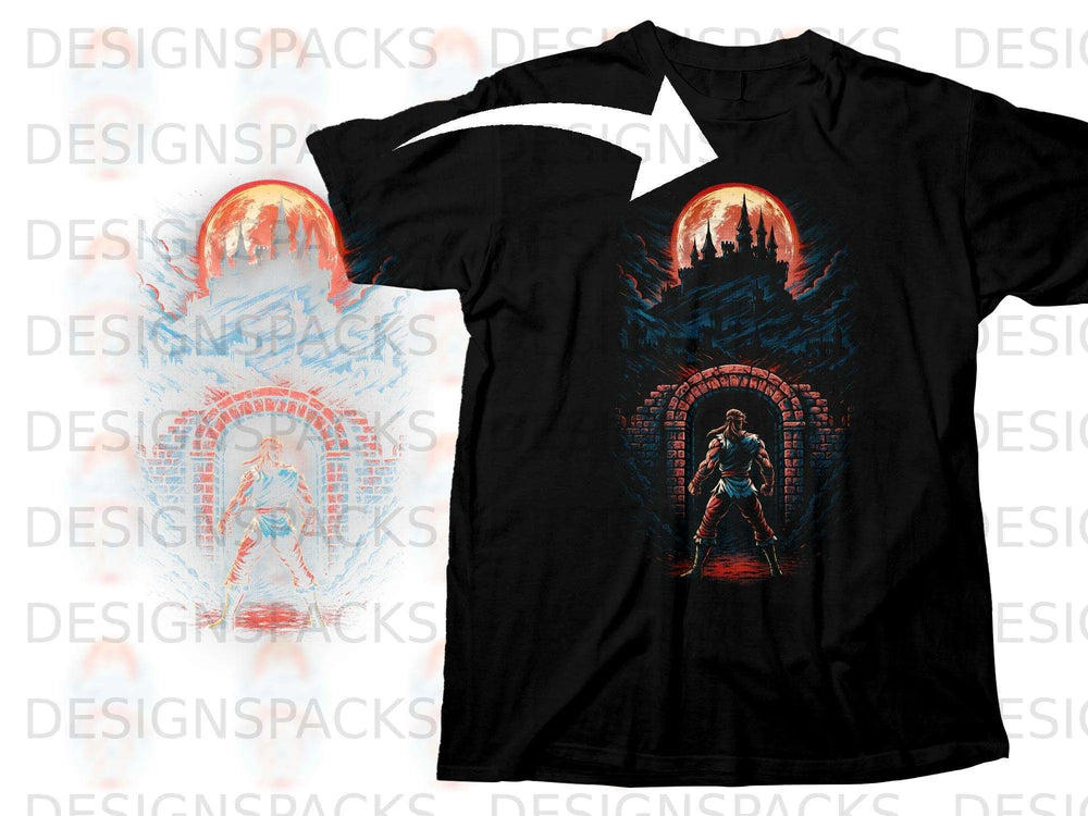 Black t-shirt with a warrior standing before a castle under a red moon.
